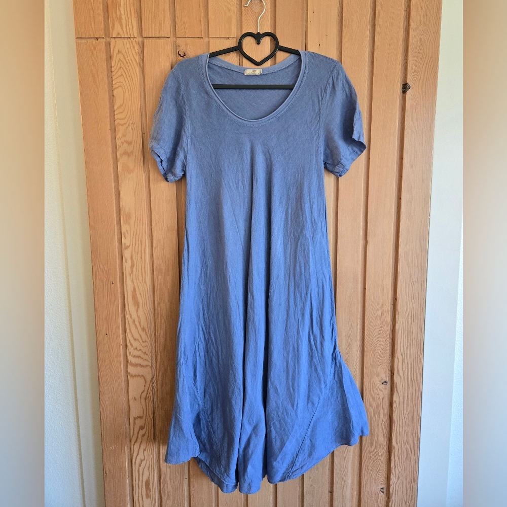 100% Linen Vintage Midi Dress | Size L | Light Blue